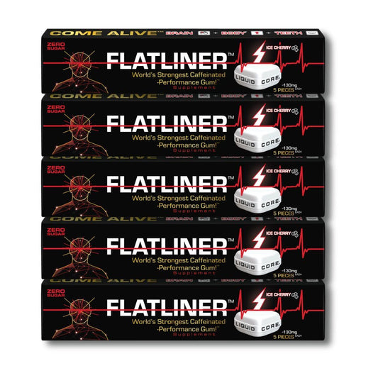 Flatliner Ice Cherry gum piece for quick pre-workout energy.