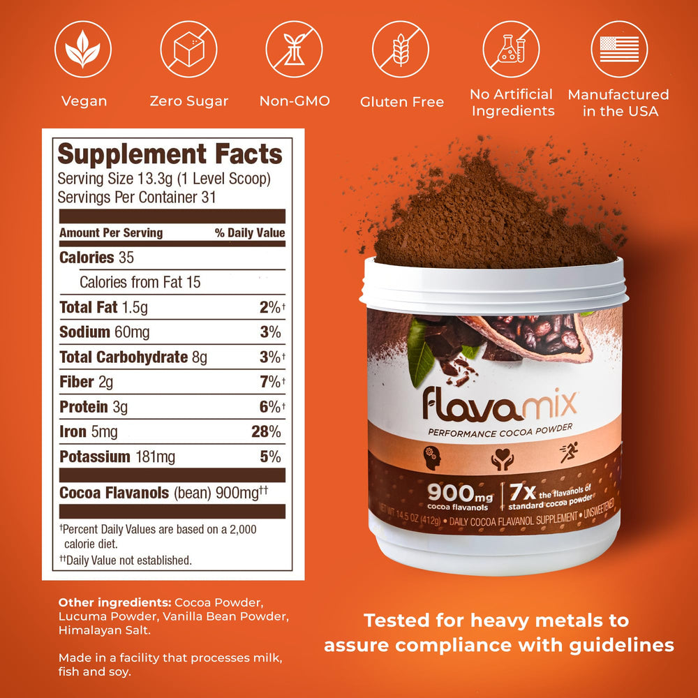 FlavaNaturals FlavaMix cocoa powder close-up highlighting antioxidant-rich texture.