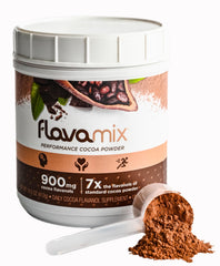 FlavaNaturals FlavaMix cocoa powder jar highlighting rich color for heart-friendly, plant-based nutrition.
