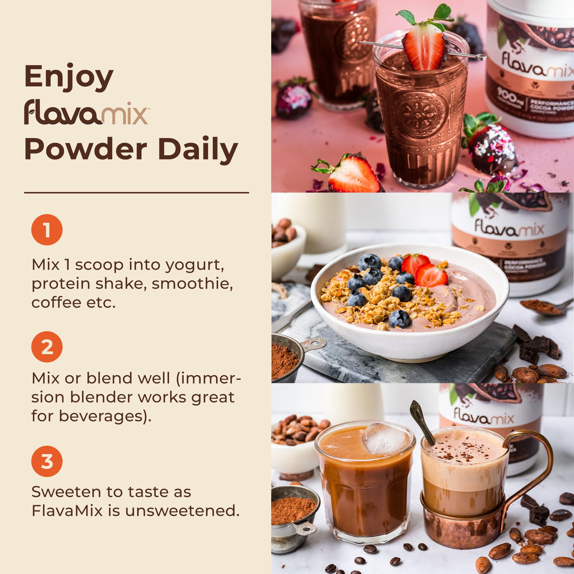 FlavaNaturals FlavaMix cocoa powder measuring spoon for easy daily use.