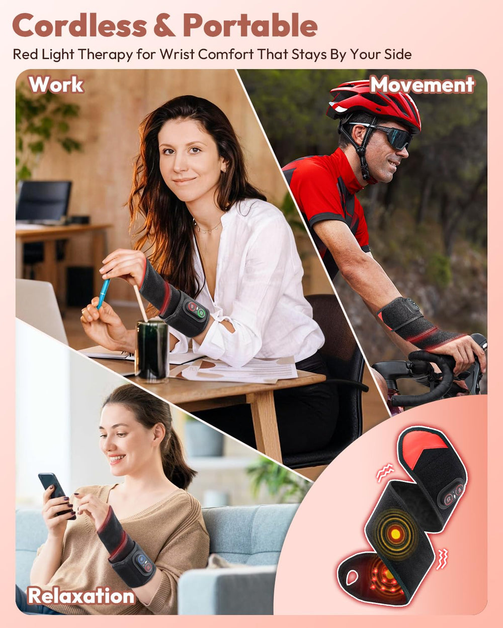 FLAZECON Wrist Wrap battery charging view, cordless design for on-the-go use