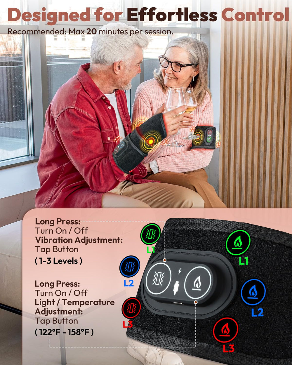 FLAZECON Wrist Wrap heat and vibration close-up, adjustable warmth for targeted relief