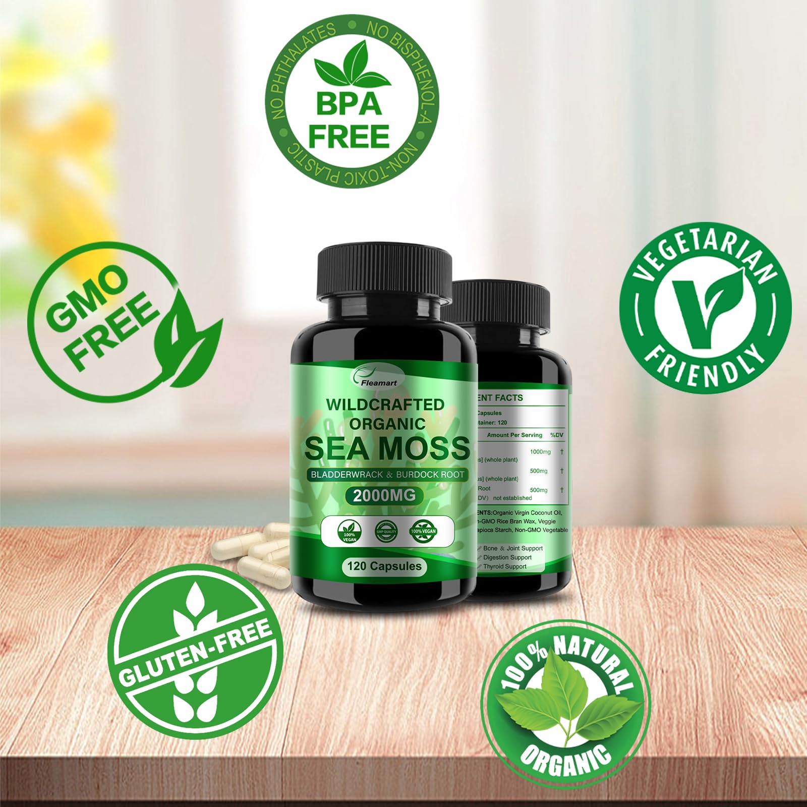 Fleamart Irish Sea Moss Capsules close-up showing sea moss nutrients