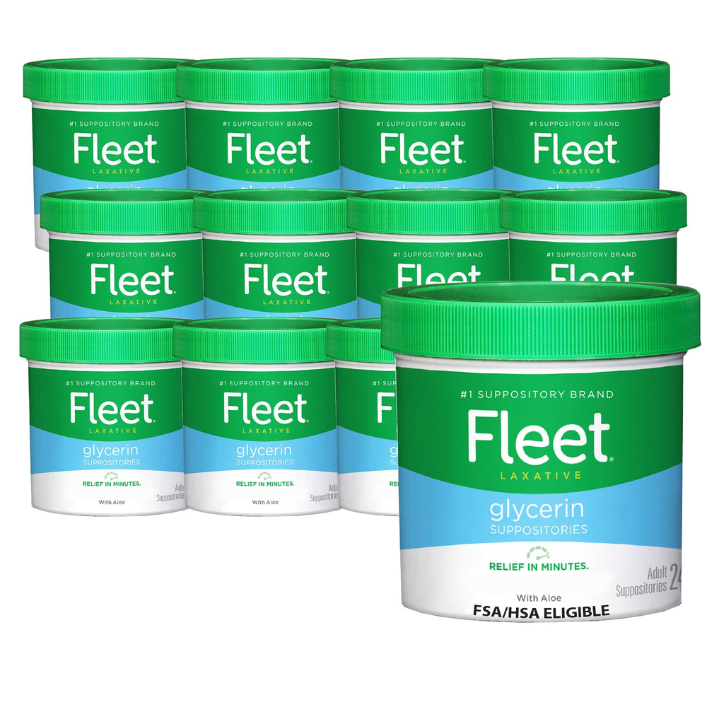 Fleet glycerin suppositories jar close-up showing packaging and 24-count supply for constipation relief.