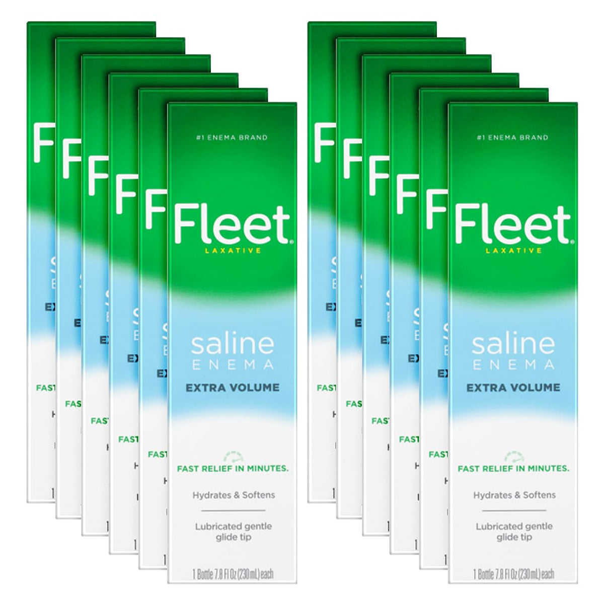 Fleet Saline Laxative Enema pack of 12 bottles on display for convenient cleansing.
