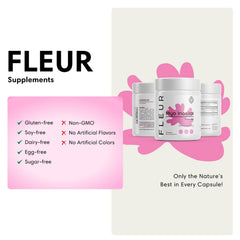 Fleur Myo-Inositol capsules close-up showing easy-to-swallow vegan formula for daily use