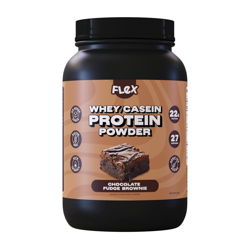 Flexible Dieting Lifestyle whey protein powder container in chocolate fudge brownie flavor for on-the-go fueling
