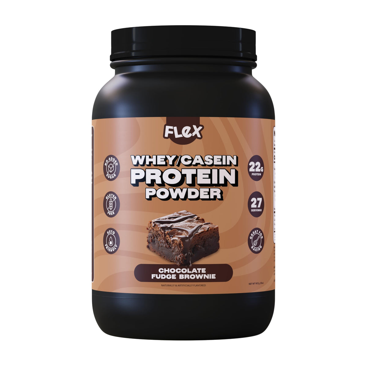 Flexible Dieting Lifestyle whey protein powder container in chocolate fudge brownie flavor for on-the-go fueling