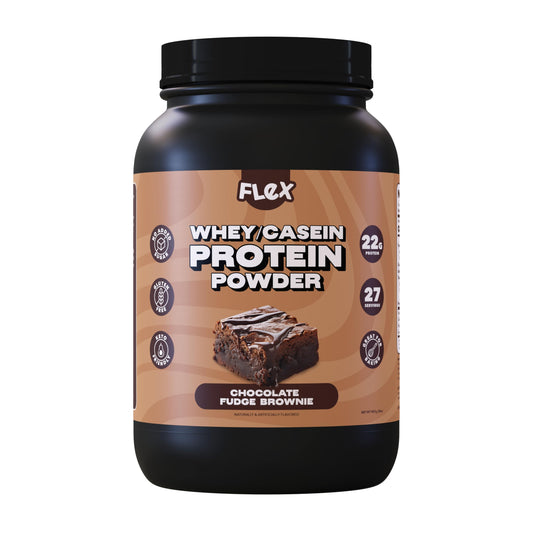 Flexible Dieting Lifestyle whey protein powder container in chocolate fudge brownie flavor for on-the-go fueling
