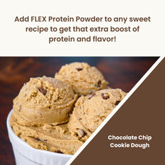 Flexible Dieting Lifestyle protein scoop beside brownie-batter inspired powder for baking boosts