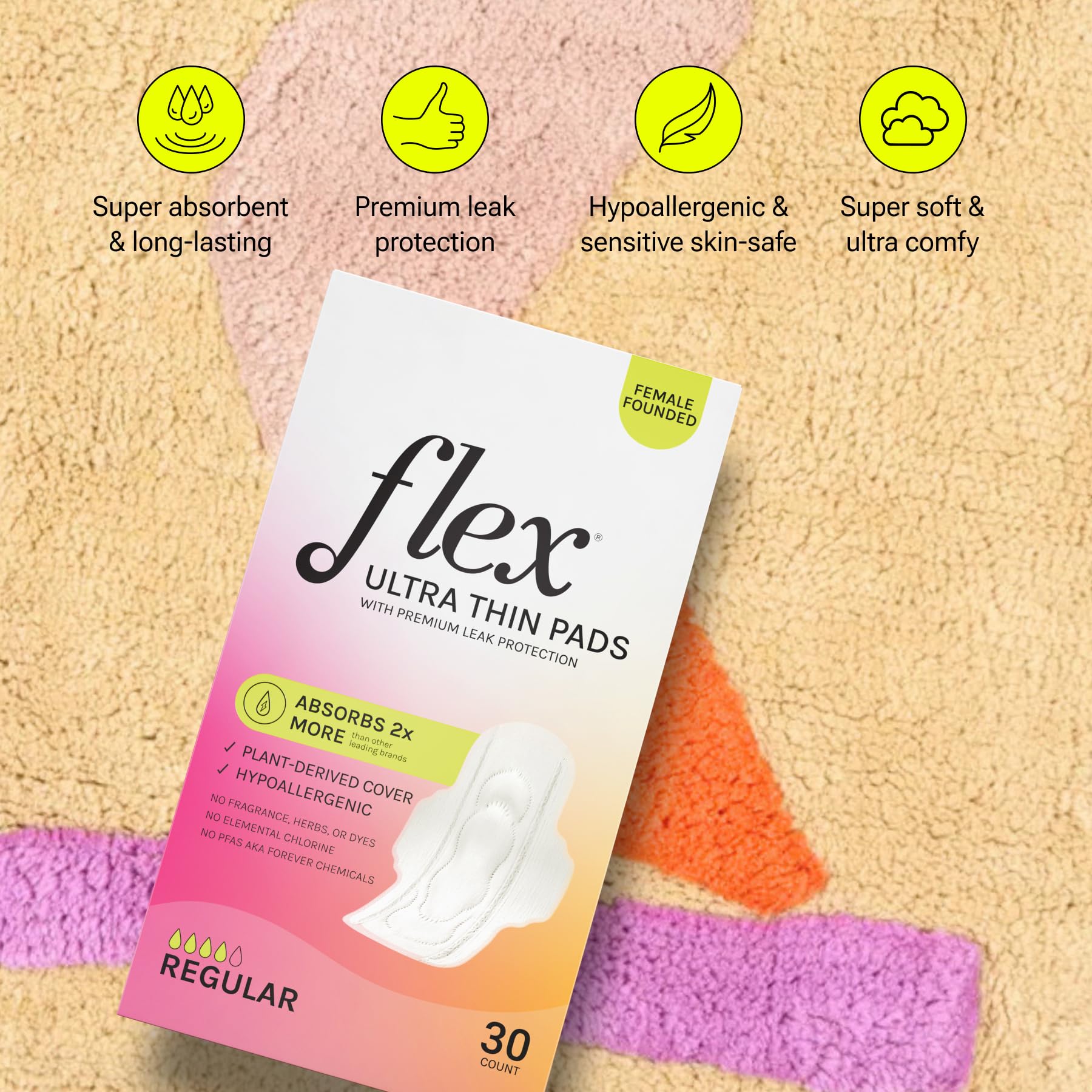 Flex Ultra Thin Pads are PFAS-free and gentle for sensitive skin.