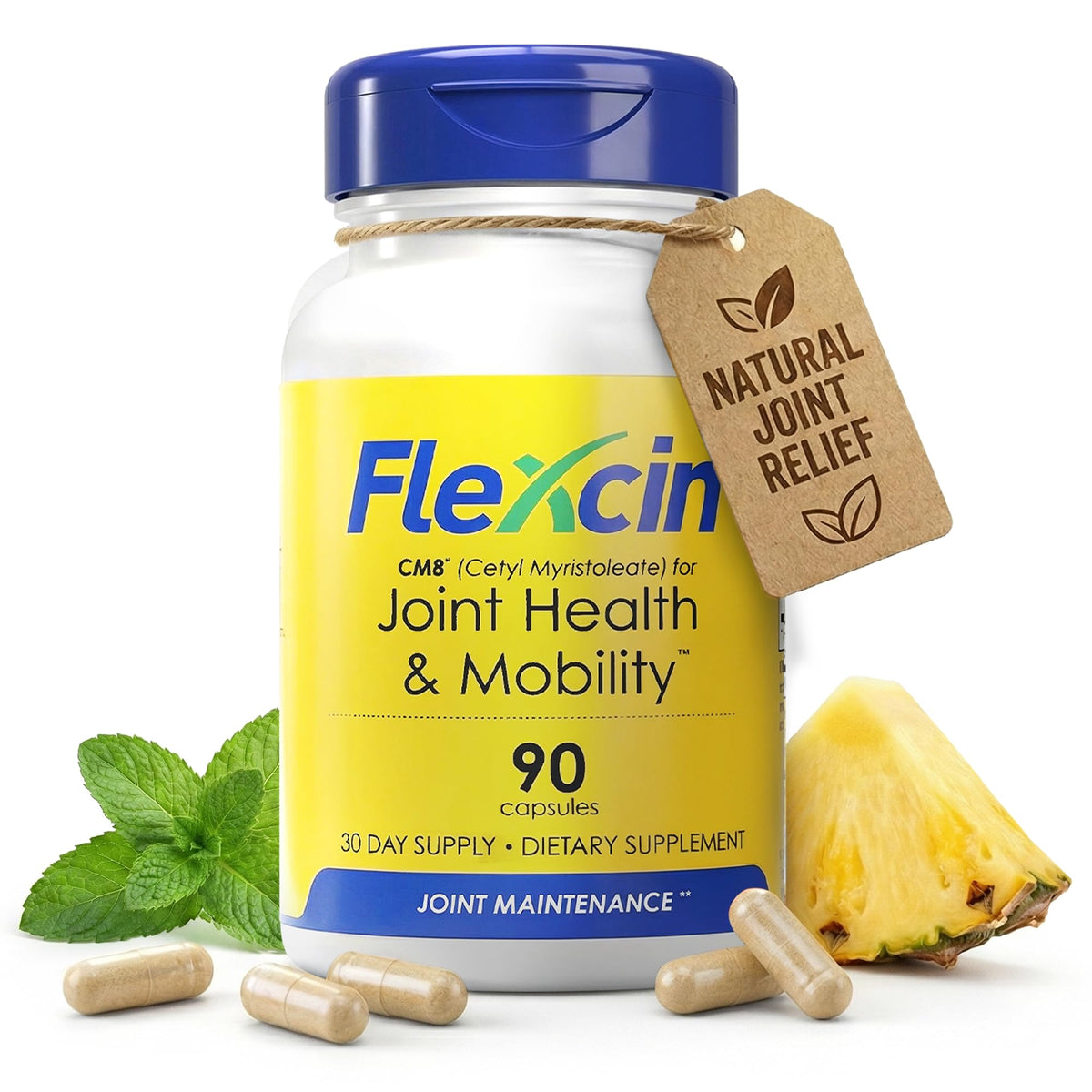 Flexcin CM8 bottle label highlights joint support ingredients for mobility.