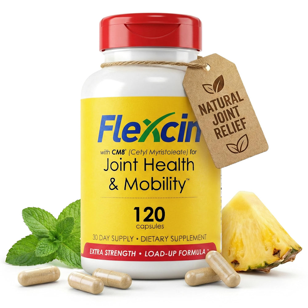 Flexcin Extra Strength CM8 bottle front promotes joint support and mobility