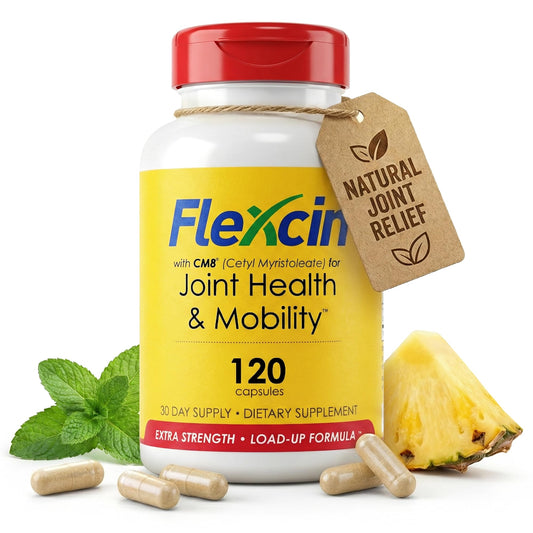Flexcin Extra Strength CM8 bottle front promotes joint support and mobility