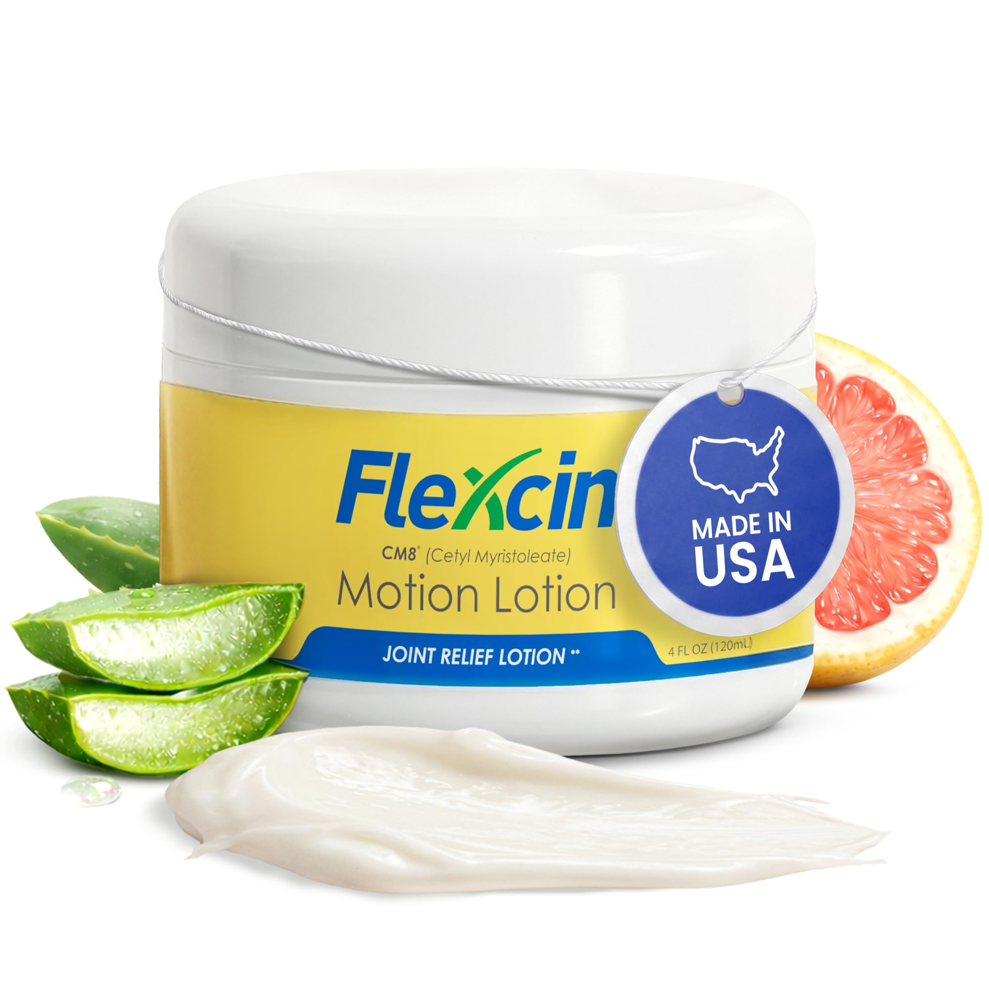 Flexcin Motion Lotion jar front highlighting CM8 formula for joint comfort.