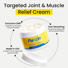 Flexcin Motion Lotion on knee area showing fast-absorbing texture