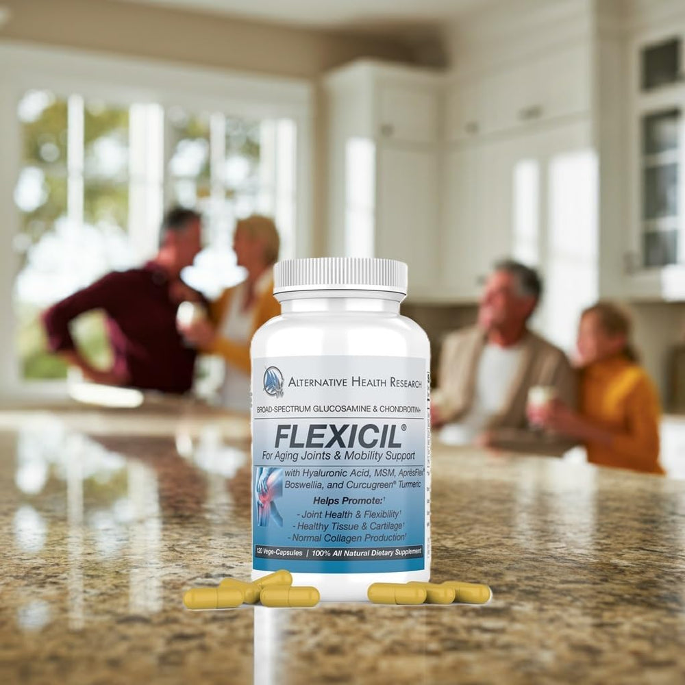 Flexicil packaging box front communicates broad-spectrum joint benefits.