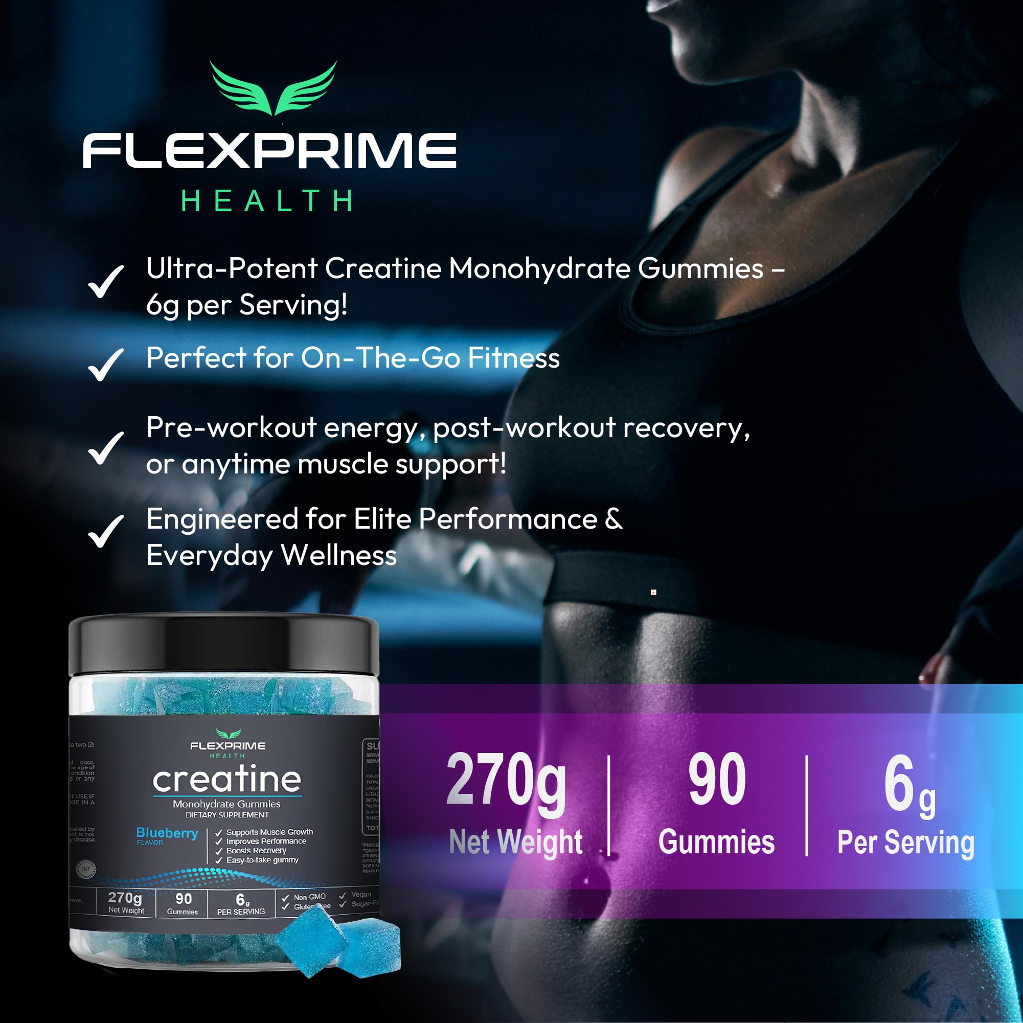 FlexPrime Creatine Gummies on gym bench illustrating recovery and endurance support.
