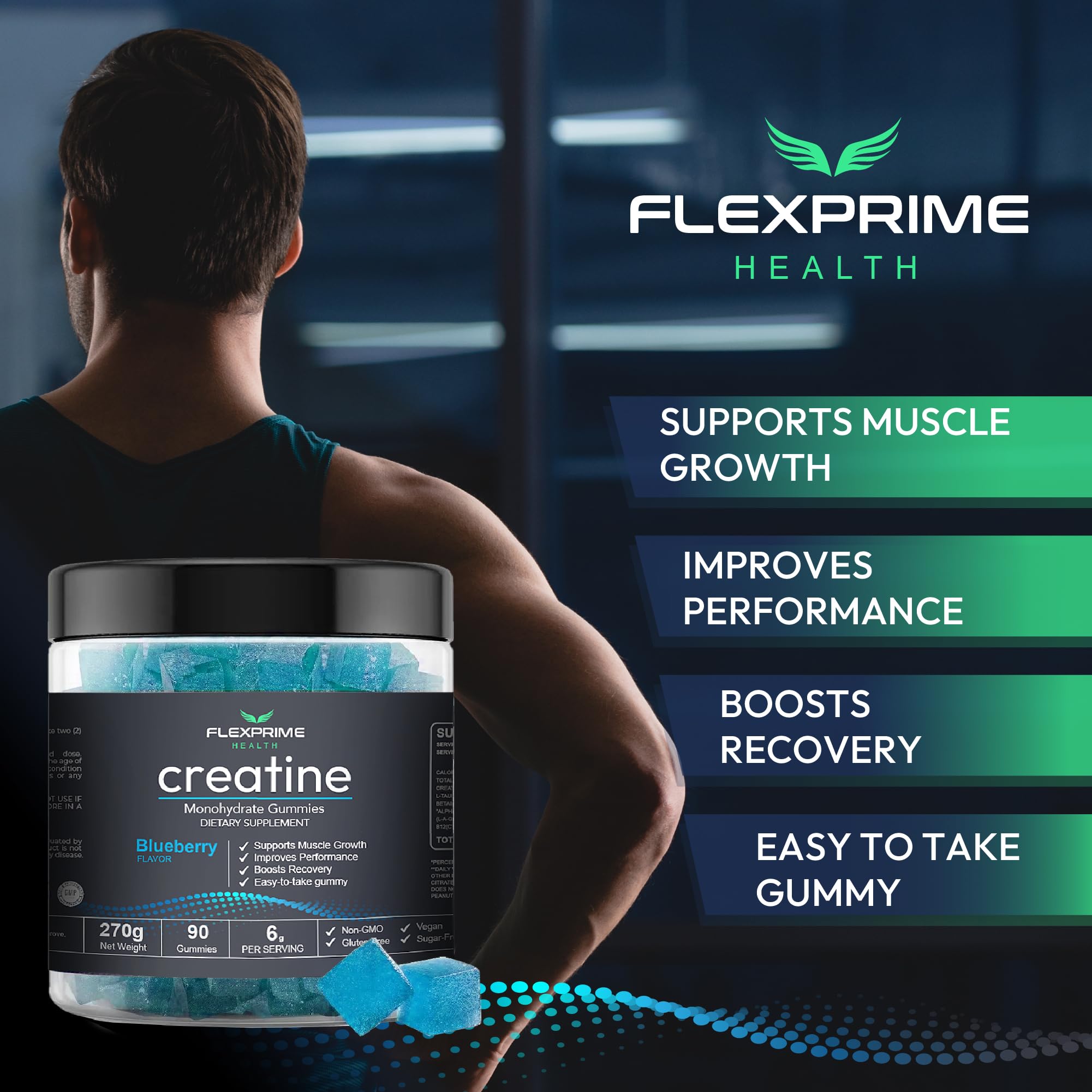 FlexPrime Creatine Gummies on-the-go packaging emphasizes quick, tasty pre- or post-workout use.