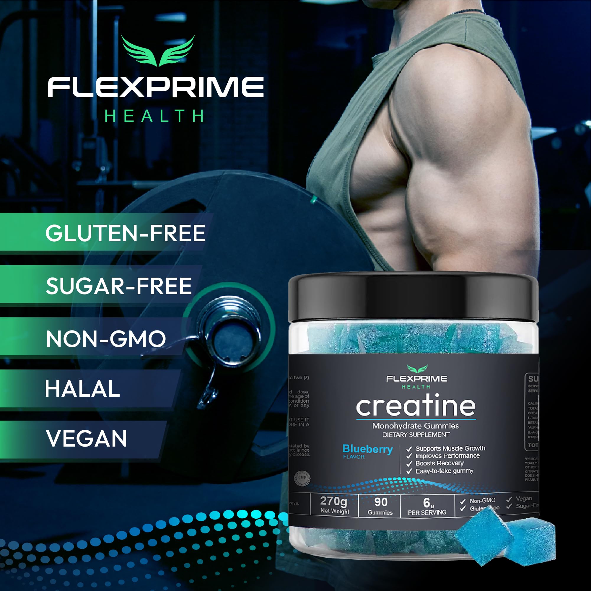 FlexPrime Creatine Gummies vegan and halal icons indicate plant-based, inclusive formula.