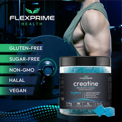 FlexPrime Creatine Gummies vegan and halal icons indicate plant-based, inclusive formula.