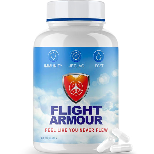 Flight Armour Jet Lag Remedy bottle ready for travel, supporting energy after long flights.