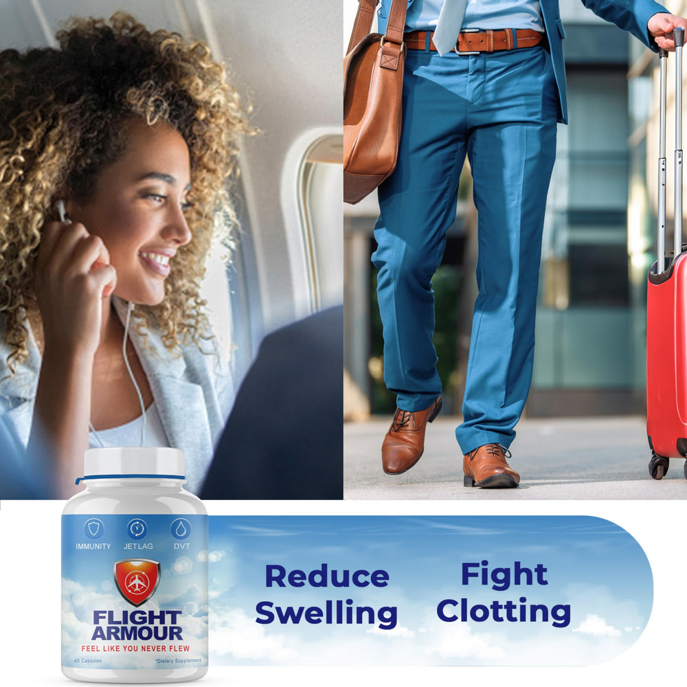 Flight Armour nattokinase blend capsules emphasizing blood flow support during travel.