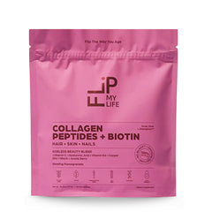 Flip My Life Collagen Peptides bottle-label shows an anti-aging blend for skin and nails.