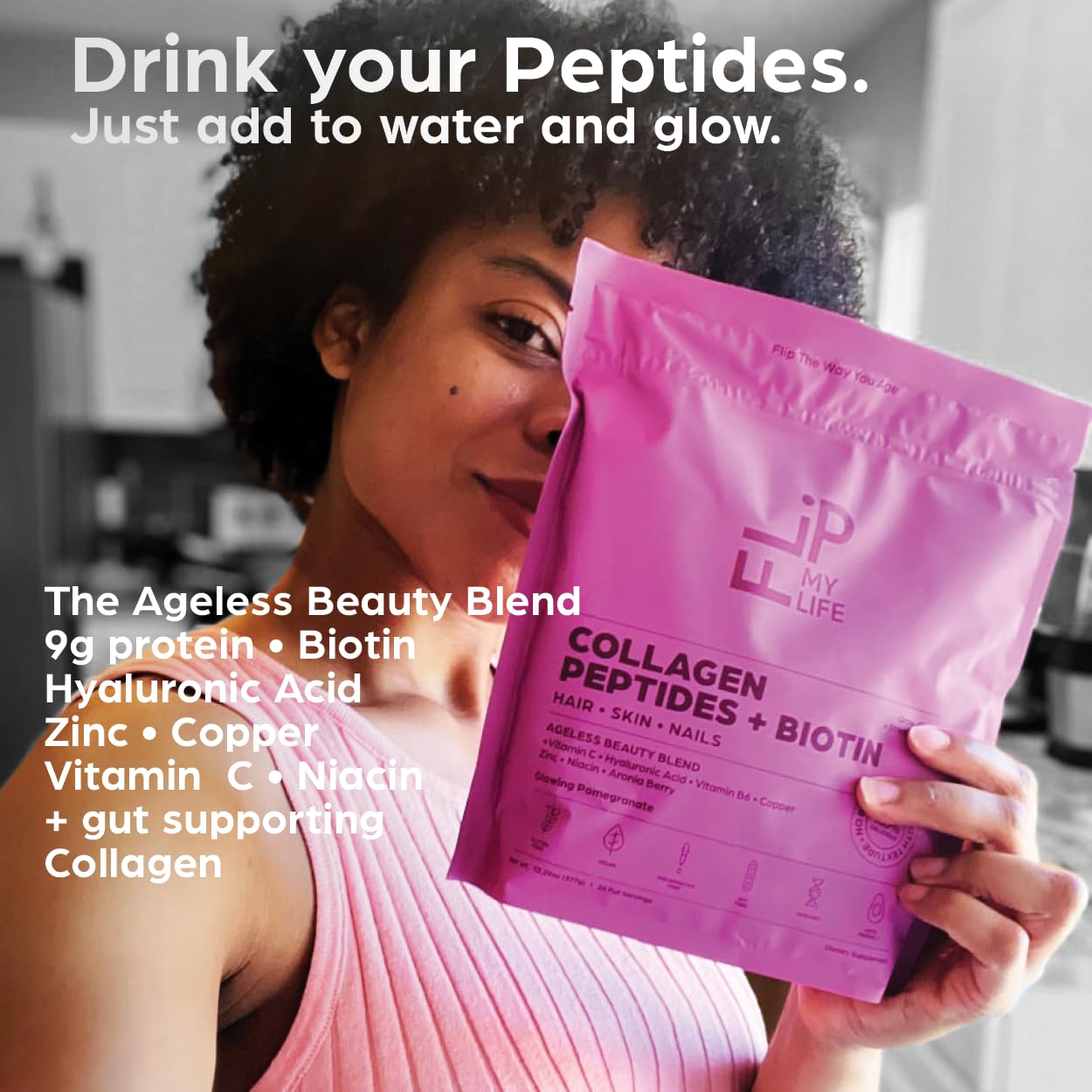 Flip My Life Collagen Peptides dissolve easily in smoothies for morning vitality.