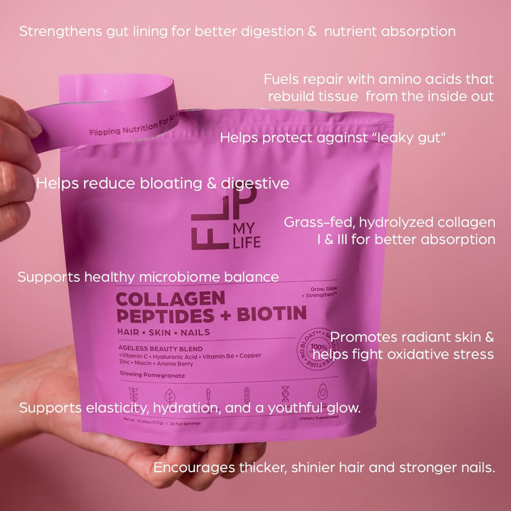 Flip My Life Collagen Peptides demonstrates hydrolyzed Type I & III for enhanced absorption.