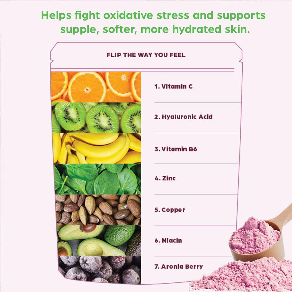 Flip My Life Collagen Peptides ingredient panel highlights biotin and hyaluronic acid benefits.