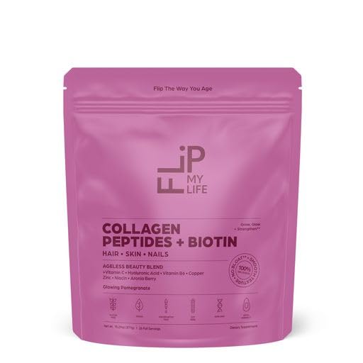 Flip My Life Collagen Peptides pomegranate-flavor glass invites refreshing mix into water.