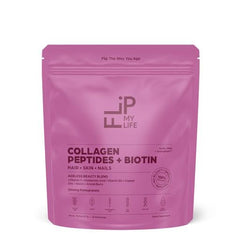 Flip My Life Collagen Peptides pomegranate-flavor glass invites refreshing mix into water.