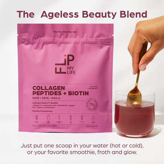Flip My Life Collagen Peptides powder-scoop ready to mix for easy daily protein intake.