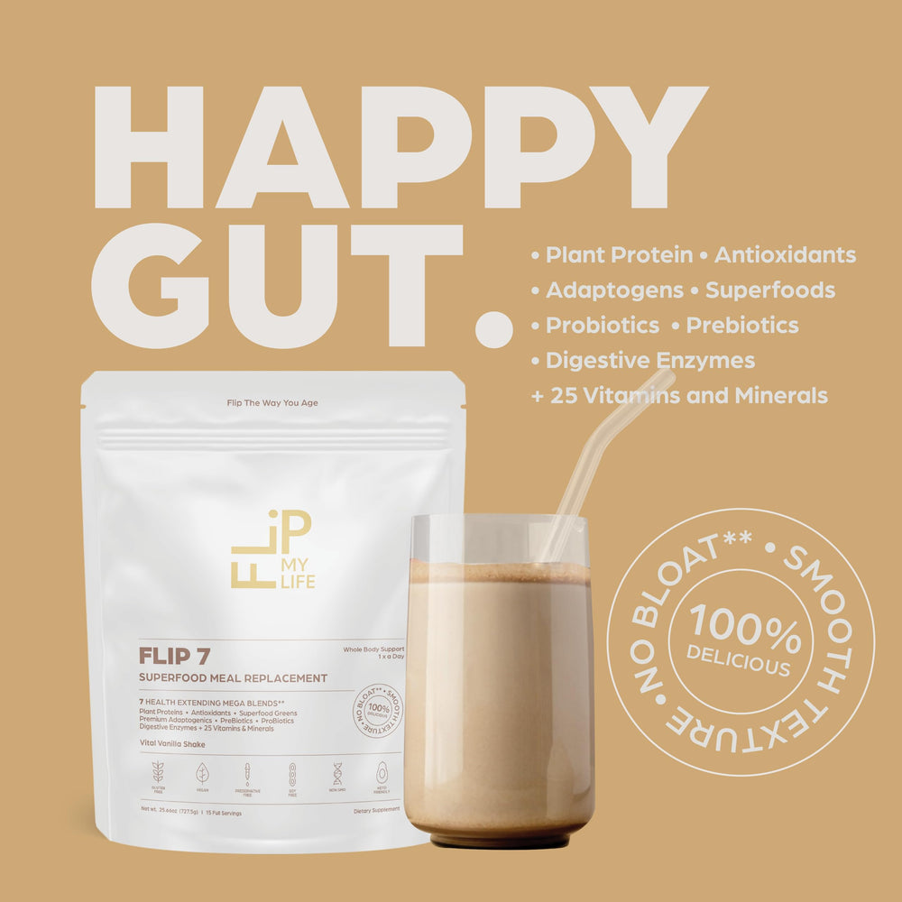 Close-up of Flip My Life Flip 7 digestive enzymes supports balanced daily nutrition.
