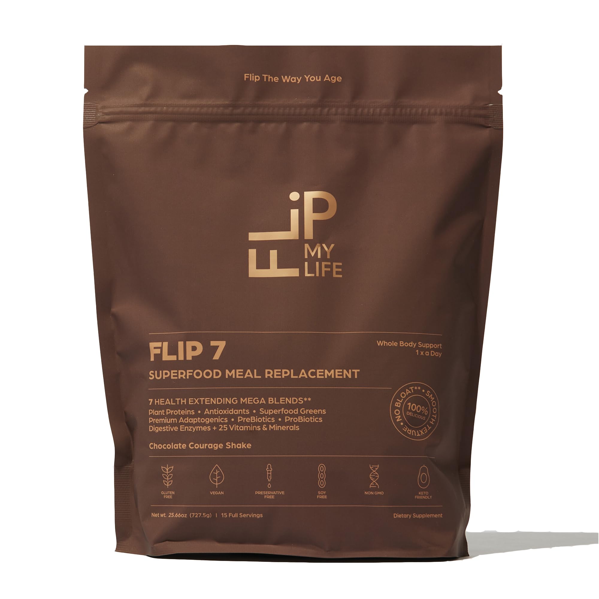 Flip My Life Flip 7 Chocolate bottle pour showing easy meal replacement use