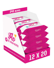 FLO Get Fresh Wipes packaging closeup with recyclable box.