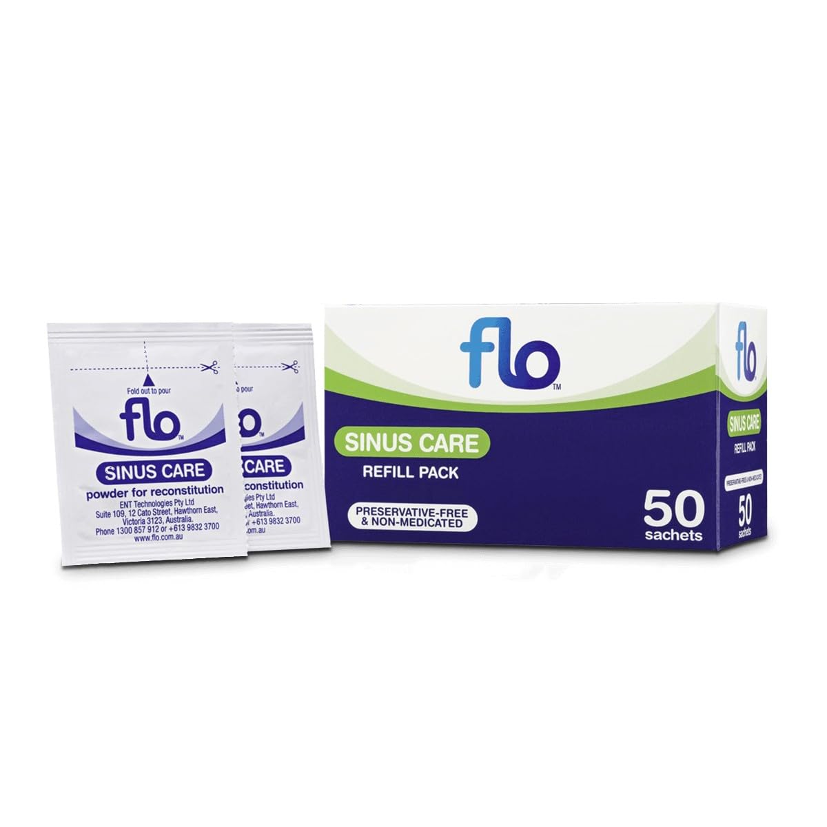Flo Premium FLO Sinus Care Refill 50 Sachets — Preservative-Free Isotonic Saline ...