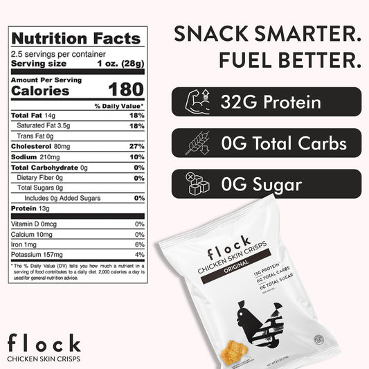 Flock Keto Chicken Skin Chips crispy closeup; crunchy texture ideal for snacking.
