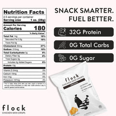 Flock Keto Chicken Skin Chips crispy closeup; crunchy texture ideal for snacking.