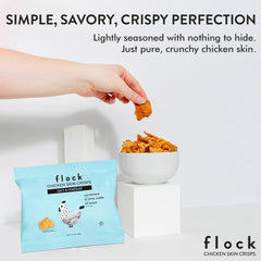Flock Keto Chicken Skin Chips served with dips for quick protein boost.