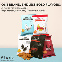 Flock Keto Chicken Skin Chips herb seasoning; crisp texture with bold flavor.