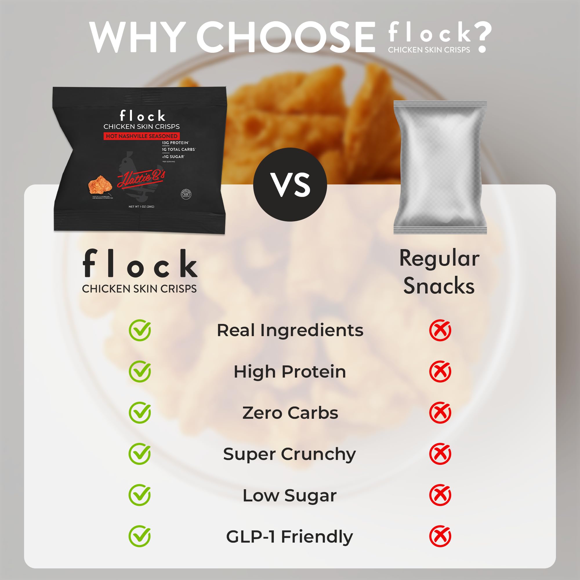 Flock nutrition panel showing 13g protein and 0g carbs per serving