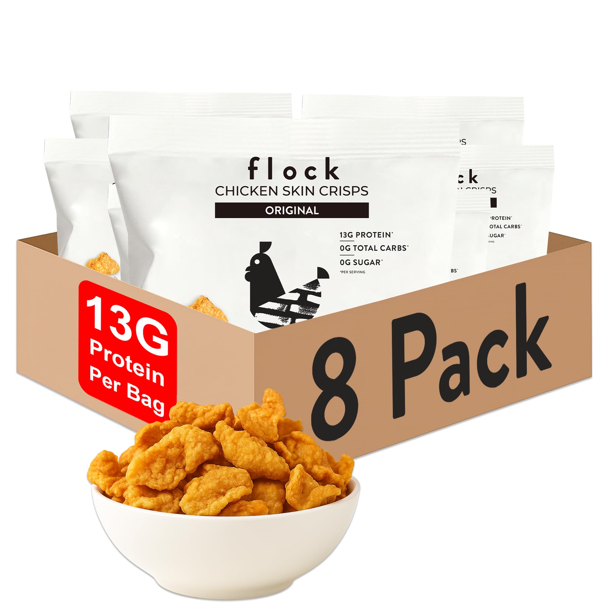 Flock Keto Chicken Skin Chips Original bag; savory high-protein keto snack.