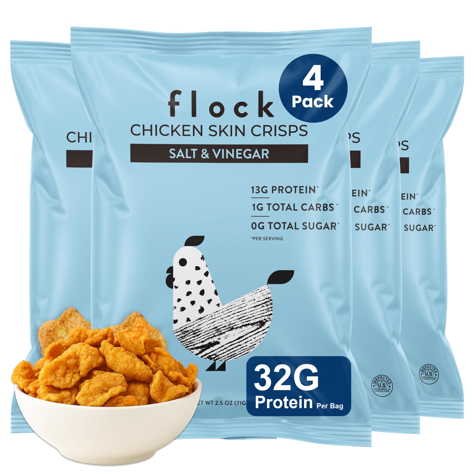 Flock Keto Chicken Skin Chips Salt & Vinegar bag close-up, high-protein keto snack.
