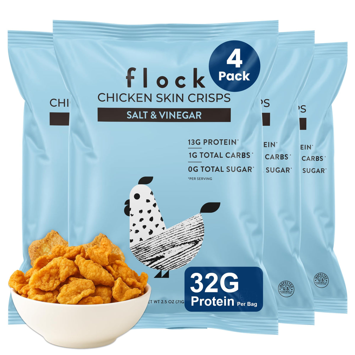 Flock Keto Chicken Skin Chips Salt & Vinegar bag close-up, high-protein keto snack.