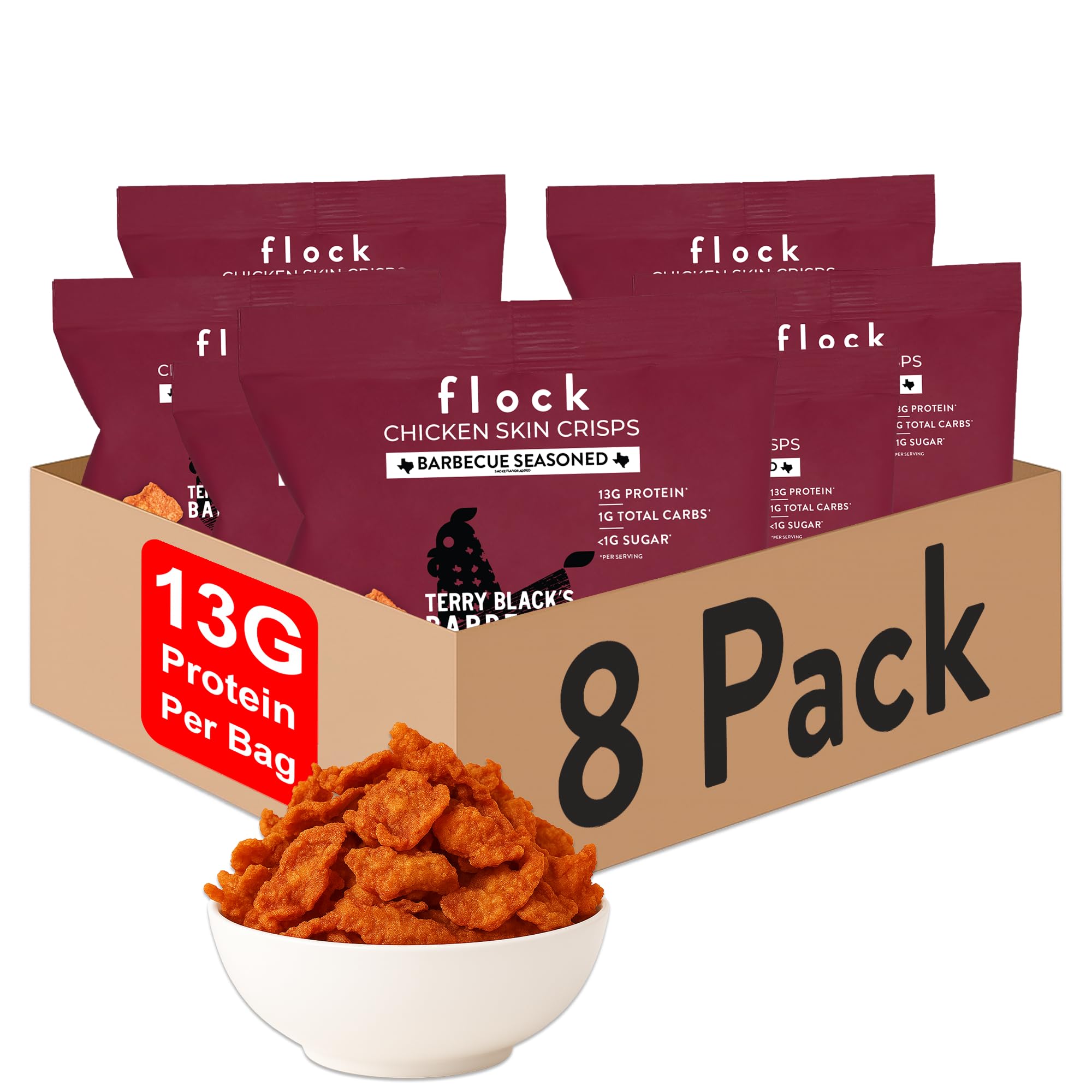 Flock Keto Chicken Skin Chips Terry Black's BBQ flavor bag, gluten-free keto snack.