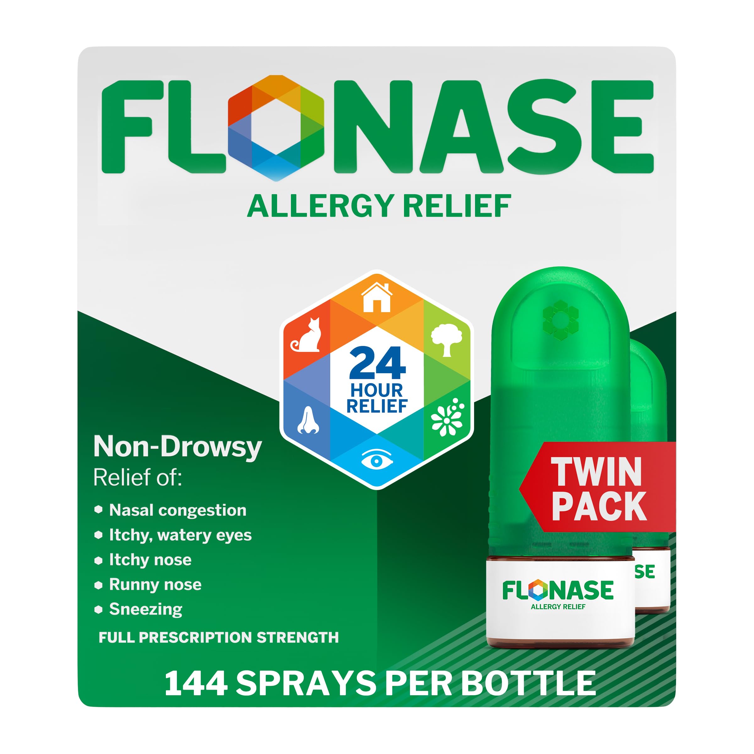 Flonase allergy relief nasal spray bottle with 144-spray capacity for all-day comfort.