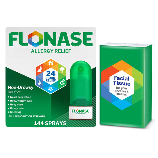 Flonase bottle with 144-spray capacity for daylong allergy relief.