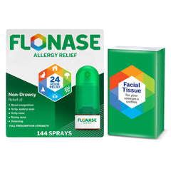 Flonase bottle with 144-spray capacity for daylong allergy relief.